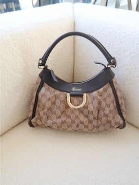 Gucci Tan GG Canvas Shoulder Bag with Dark Brown Trim and Gold Hardware